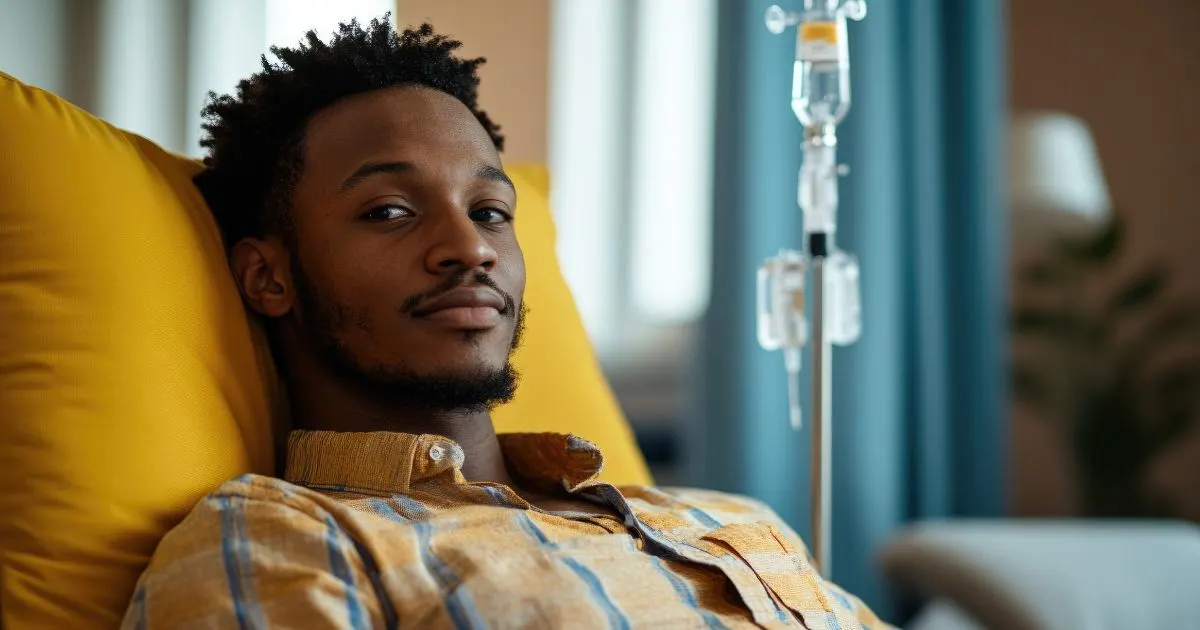 Man receiving IV therapy to support immunity and rapid hydration for overall wellness.